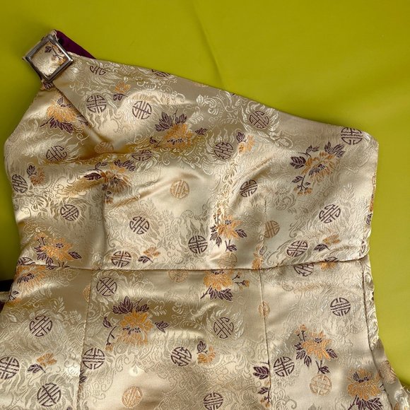 One Shoulder Formal Gown, Gold and Maroon Metallic Floral Brocade, Size 1/3 - Picture 1 of 15